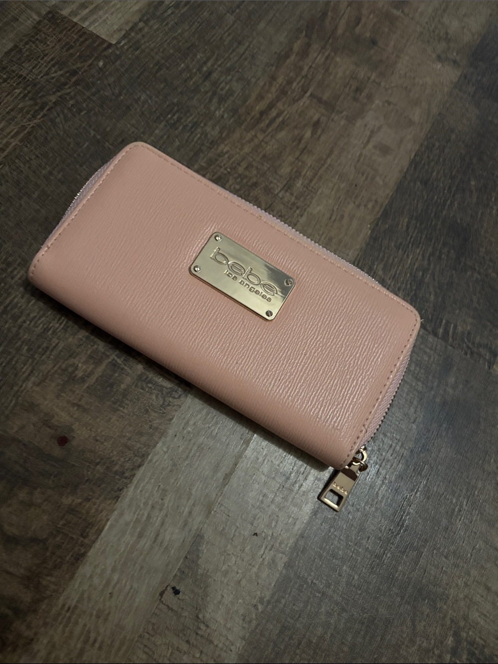 bebe Blush Pink Zip-Around Wallet with Gold Plate